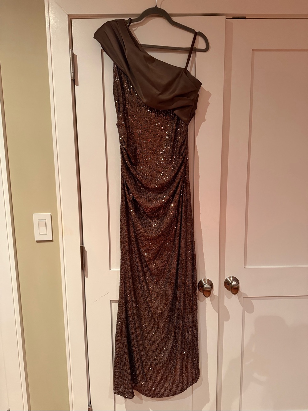 Betsy & Adam One-Shoulder Bronze Sequin Gown